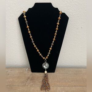 Chico's Long Bronze Brown Beaded Chunky Pendant Necklace Beaded Tassel Dressy